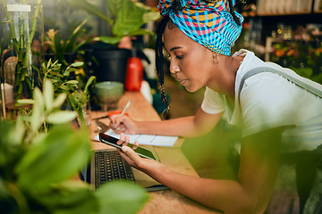 Image showing Green business, woman and phone with writing for stock, inventory and plant, shop and orders. Owner, sustainable and management, internet and search for creative idea for female research advertising