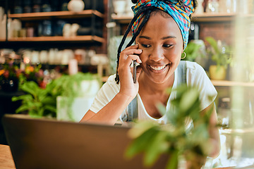 Image showing Phone call, small business or happy black woman talking or networking with startup agro retail supplier. Laptop, 5g mobile or female entrepreneur planning or speaking of floral development job vision