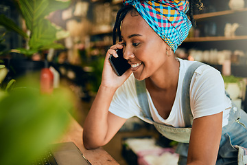 Image showing Phone call, small business or black woman talking or networking with startup agro retail supplier. Management, store manager or happy young entrepreneur planning or speaking of floral development job