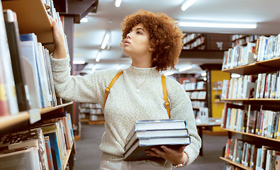 Image showing Woman, book search and library shelf for study, project or learning with education development for study goal. University student, research or books for idea, college test success or vision at campus