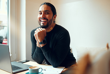 Image showing Happy, paperwork and portrait of man with a laptop for entrepreneurship, small business and budget planning. Smile, creative and employee with computer and paper for insurance and investment