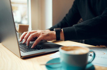 Image showing Writing, laptop and hands in coffee shop for Phd research, online education and scholarship essay. Computer, internet cafe and person, customer or student study, typing or creative blog inspiration