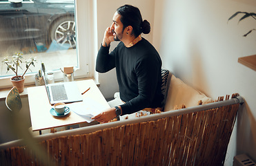 Image showing Startup, cafe or business man with phone call in coffee shop for SEO planning, life insurance or strategy. Remote work, documents or male on smartphone for communication or telemarketing networking