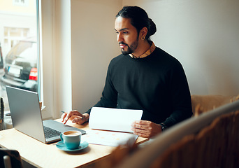 Image showing Cafe, research or business man on laptop in coffee shop for strategy planning, life insurance or networking. Remote work, documents or employee on technology for data review, contract or analytics