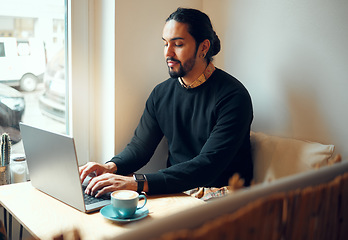 Image showing Thinking startup cafe or man on laptop for social media KPI, networking or blog content review. Remote work, email or coffee shop employee with tech for network strategy, SEO research or internet app