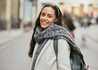 Image showing Travel, city and portrait of woman in street for holiday, student vacation and urban adventure in London. Fashion, walking and face of happy girl enjoying freedom, tourism and journey on weekend