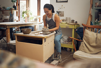 Image showing Clay, creative or woman in pottery workshop working on a cup sculpture or mug mold in small business. Focus, artistic girl or happy Japanese designer manufacturing handicraft products as entrepreneur