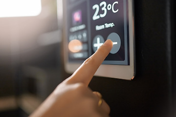 Image showing Smart home system, wall and woman hands with digital app monitor for thermostat heating, temperature control or house automation. Future AI software, ui air conditioning panel and girl with IOT tech