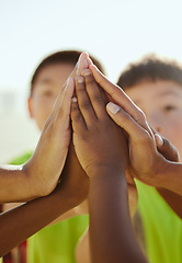 Image showing High five, friends and hands of children in support of community, teamwork and clean up project. Kids, hand and huddle for collaboration by volunteer team gathering help, motivation and solidarity