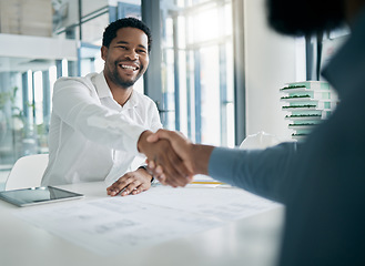 Image showing Black man, handshake and architecture with architect recruitment, job interview and onboarding, office and blueprint plan. Human resources, hiring and partnership with deal, contract and thank you