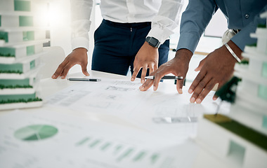 Image showing Paperwork, architecture and hands of team planning project together in the office with graphs, data and statistics. Teamwork, construction and people in collaboration working on building in workplace