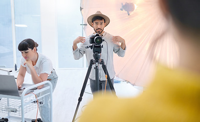 Image showing Man, photographer and camera in studio with model showing poses, expression or style for photoshoot. Male in photography for idea, art or fashion working with client, dslr lens and stand for image