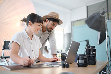 Image showing Happy, planning and photographers with work on a laptop, photo shoot results and helping in studio. Teamwork, collaboration and man and woman working on creative photography with inspiration from pc