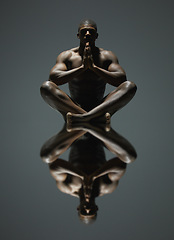 Image showing Black man, yoga and meditation art with mirror reflection on dark background for spiritual wellness. Portrait of naked, nude or bare African American male model sitting and meditating in symmetry