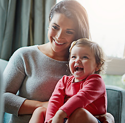 Image showing Relax, happy and laughing with mother and baby on sofa for bonding, quality time and child development. Growth, support and funny with mom and daughter in family home for health, connection and care