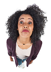 Image showing Sad, face and woman overhead disappointed and feeling unhappy isolated against a studio white background. Portrait, top view and frustrated young person is moody, annoyed or in fear due to fail