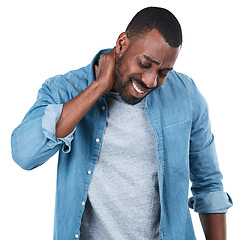 Image showing Ouch. Burnout, stress and neck pain by a man feeling hurt isolated against a studio white background. Frustrated, male with an injury and inflammation due to pressure and wellness crisis or problem.