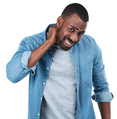 Image showing Stress, pain and sore neck of a man feeling hurt isolated against a studio white background. Portrait of a male with an injury and burnout due to pressure and wellness crisis or problem