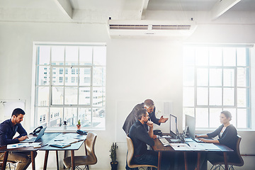 Image showing Marketing, training and business people on computer in office, talking or discussing work. Collaboration, coaching and senior manager on pc teaching or helping coworker with finance or sales project.