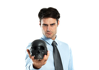 Image showing Portrait, black skull and business man in studio for death, symbol and failure against a white background. Face, fail and man showing human head for manipulation, emoji and bad luck while isolated