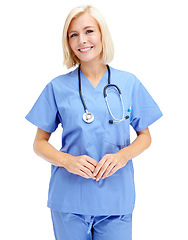 Image showing Healthcare, portrait and woman nurse in a studio with a stethoscope ready for a consultation. Nursing, doctor and happy female medical worker from Canada in scrubs isolated by a white background.