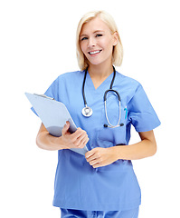 Image showing Portrait, medical and documents with a nurse woman in studio isolated on a white background for health. Hospital, insurance and healthcare with a female medicine professional writing on a clipboard