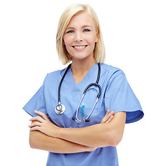 Image showing Woman, nurse and smile with arms crossed and stethoscope for healthcare against a white studio background. Portrait of a professional female medical doctor standing isolated and smiling