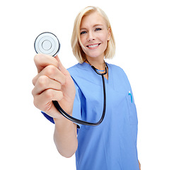 Image showing Woman, doctor smile and medical stethoscope for wellness, hospital success or leader isolated in white background. Happy nurse, medic equipment or healthcare tools for cardiology or heartbeat