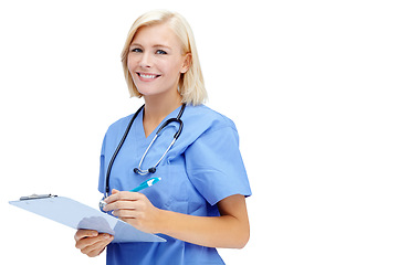 Image showing Portrait, mockup and documents with a nurse woman in studio isolated on a white background for healthcare. Hospital, health and medical with a female medicine professional writing on a clipboard