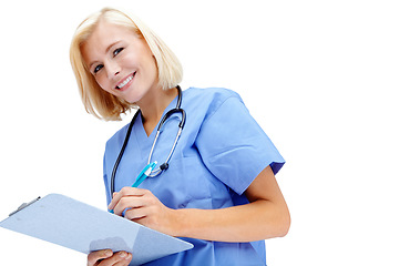 Image showing Portrait, healthcare and clipboard with a nurse woman in studio isolated on a white background for insurance. Hospital, health and medical with a female medicine professional writing on documents