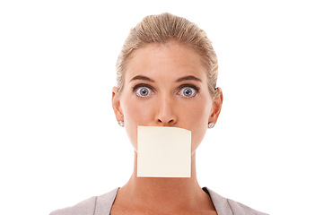Image showing Sticky note, wow and shocked face of woman with covered mouth isolated against a studio white background. Portrait of surprised, alert and censored caucasian corporate female or entrepreneur