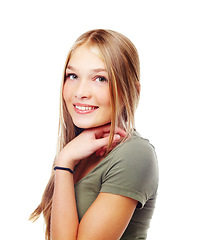 Image showing Beauty, portrait and young teenager in studio smiling and happy isolated against a white background. Face, happiness and confident blond female model or girl with skincare makeup on her skin