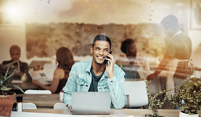 Image showing Phone call, talking and man with laptop in cafe with smile and networking for freelance job in restaurant window. Technology, communication and remote work for freelancer in coffee shop with computer