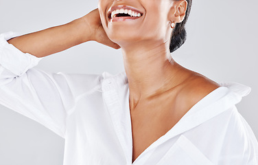 Image showing Woman, smile and skincare beauty in cosmetics, makeup or fashion isolated against gray studio background. Happy female model smiling showing skin in happiness or satisfaction for luxury spa treatment