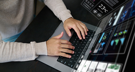 Image showing Man, hands and laptop hologram with dashboard, data analysis and software for network innovation. Above, computer typing and digital overlay for website, database and internet analytics on technology