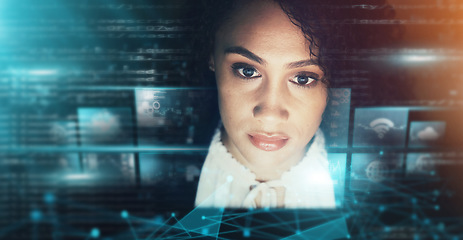 Image showing Futuristic, AI and business woman, face and connectivity, cyber data overlay and technology innovation. Digital transformation, metaverse and tech analytics, web dashboard and internet holographic