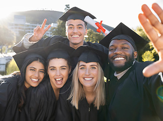 Image showing Students, graduation selfie and outdoor at campus with happiness, pride and celebration in summer. College graduate friends, university student group and diversity with success, education and goals