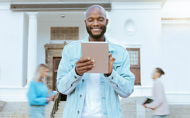 Image showing Black man, university student and tablet at outdoor campus with smile, learning and opportunity for education. Young african guy, mobile touchscreen tech and happy at college with social media app