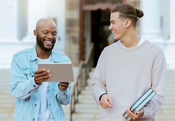 Image showing College student, tablet and friends with funny meme at campus, happy chat and blog on internet. Black man, students and mobile touchscreen tech at university with social media app, comic talk or joke