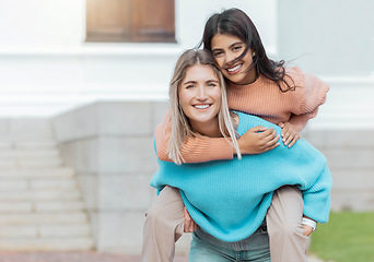 Image showing University student, women friends and piggyback portrait at outdoor campus with smile, education and support. Young students, woman group and solidarity with trust, funny and playful on college lawn