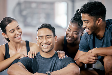 Image showing Fitness people, diversity and friends workout together, happy in portrait with motivation, team and exercise. Solidarity, support and success, health and wellness lifestyle with healthy group in gym