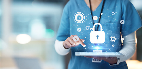 Image showing Medical cybersecurity, tablet and hands of doctor, surgeon or nurse with virtual hologram for database lock. Mockup hospital, life insurance and woman with digital archive biometric for info safety