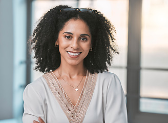 Image showing Business, confidence and portrait of woman with smile at HR department at corporate startup in Brazil. Leadership, female empowerment and company management, happy manager in human resources office.