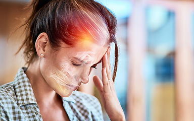 Image showing Woman, home and stress headache with hand, head and pain with 3d holographic overlay for healthcare. Lady, depressed and burnout with sick, frustrated face and physical problem with anxiety in house