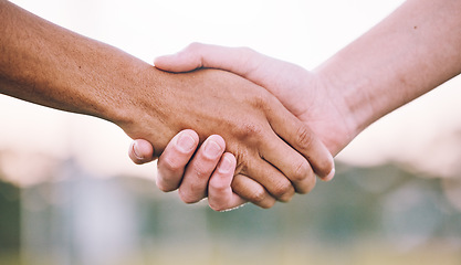 Image showing Closeup, handshake and support for sports, agreement and competition with collaboration, goal and target. Zoom, shaking hands or friends with solidarity, community or outdoor for match or partnership