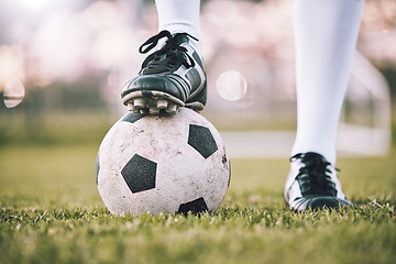 Image showing Soccer ball, football player shoes and grass field of athlete feet ready for exercise and sport. Fitness, lawn and sneakers for goal training, health and workout sports for arena game outdoor