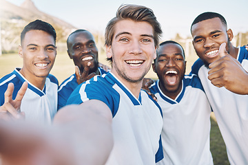 Image showing Excited, soccer and portrait of a team selfie at training, game or competition on a field. Fitness, diversity and football players with a photo after winning, achievement and sports in France