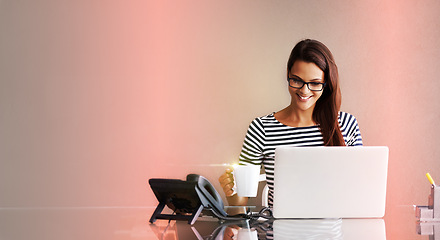 Image showing Laptop, planning and woman isolated on studio background with digital glow, light or gradient mockup in creative career. Coffee, computer tech and business person, worker or employee on mock up space