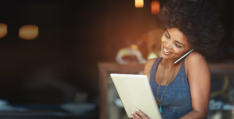 Image showing Black woman, cafe or phone call for connection, communication or discussion for plans. African American female, lady or tablet for social media, coffee shop or search internet for website information