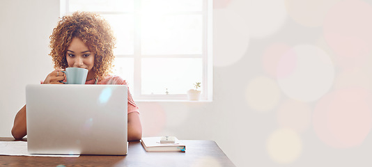 Image showing Business woman, laptop and drinking coffee in relax, thinking or planning day at the office on mockup. Creative female designer with warm drink relaxing by computer on desk contemplating in startup